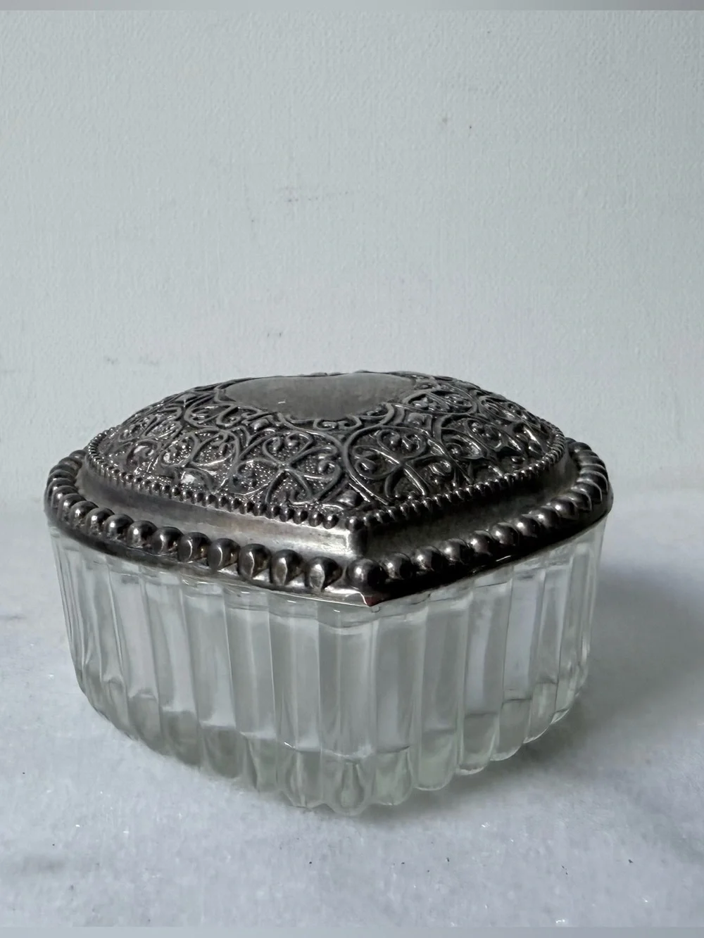 Ornate Silver-Topped Glass Trinket Box - Clear Glass